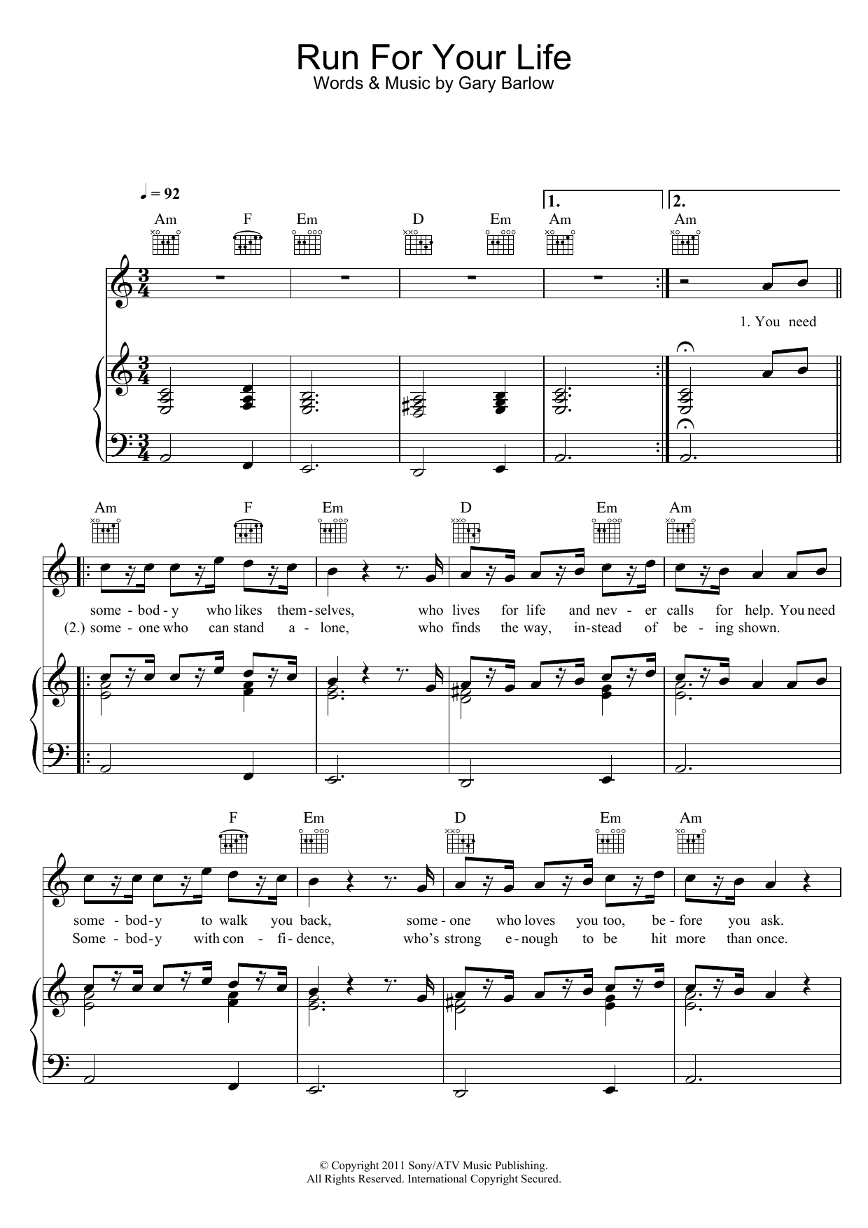 Matt Cardle Run For Your Life Sheet Music Notes & Chords for Piano, Vocal & Guitar (Right-Hand Melody) - Download or Print PDF