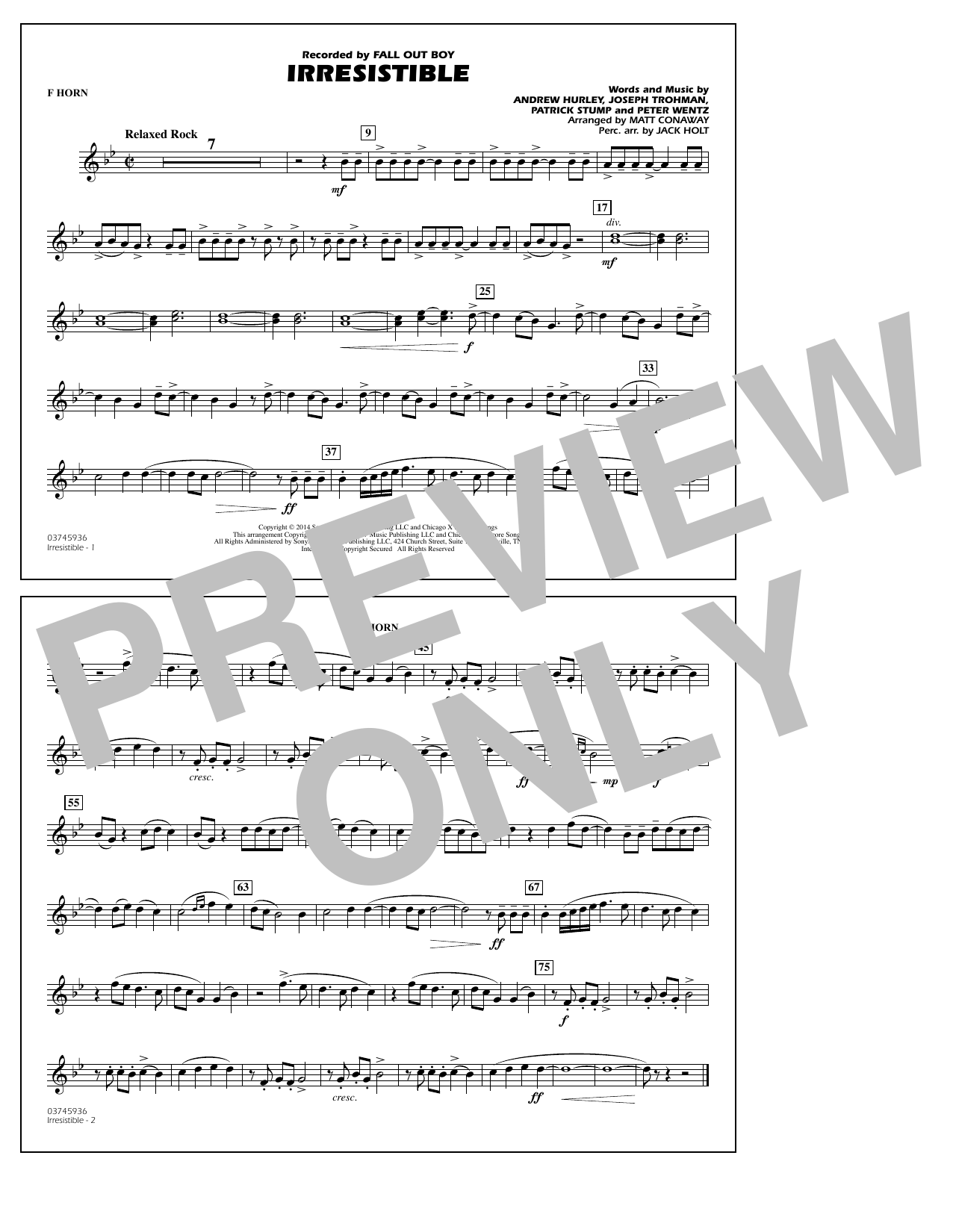 Matt Conaway Irresistible - F Horn Sheet Music Notes & Chords for Marching Band - Download or Print PDF