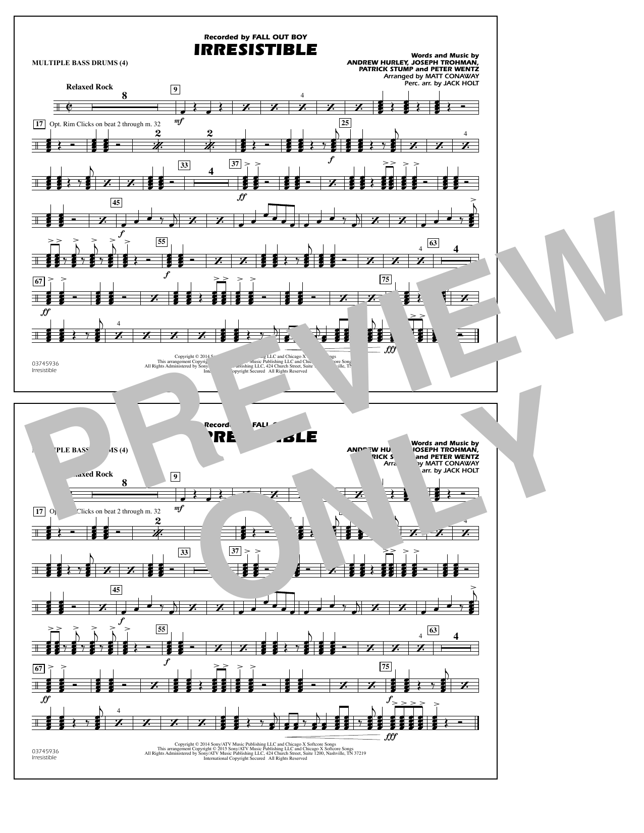Matt Conaway Irresistible - Multiple Bass Drums Sheet Music Notes & Chords for Marching Band - Download or Print PDF