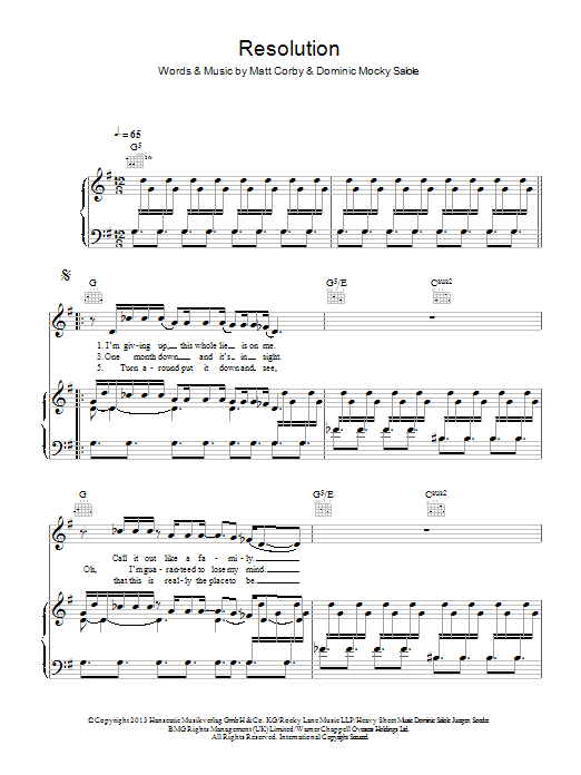 Matt Corby Resolution Sheet Music Notes & Chords for Piano, Vocal & Guitar (Right-Hand Melody) - Download or Print PDF