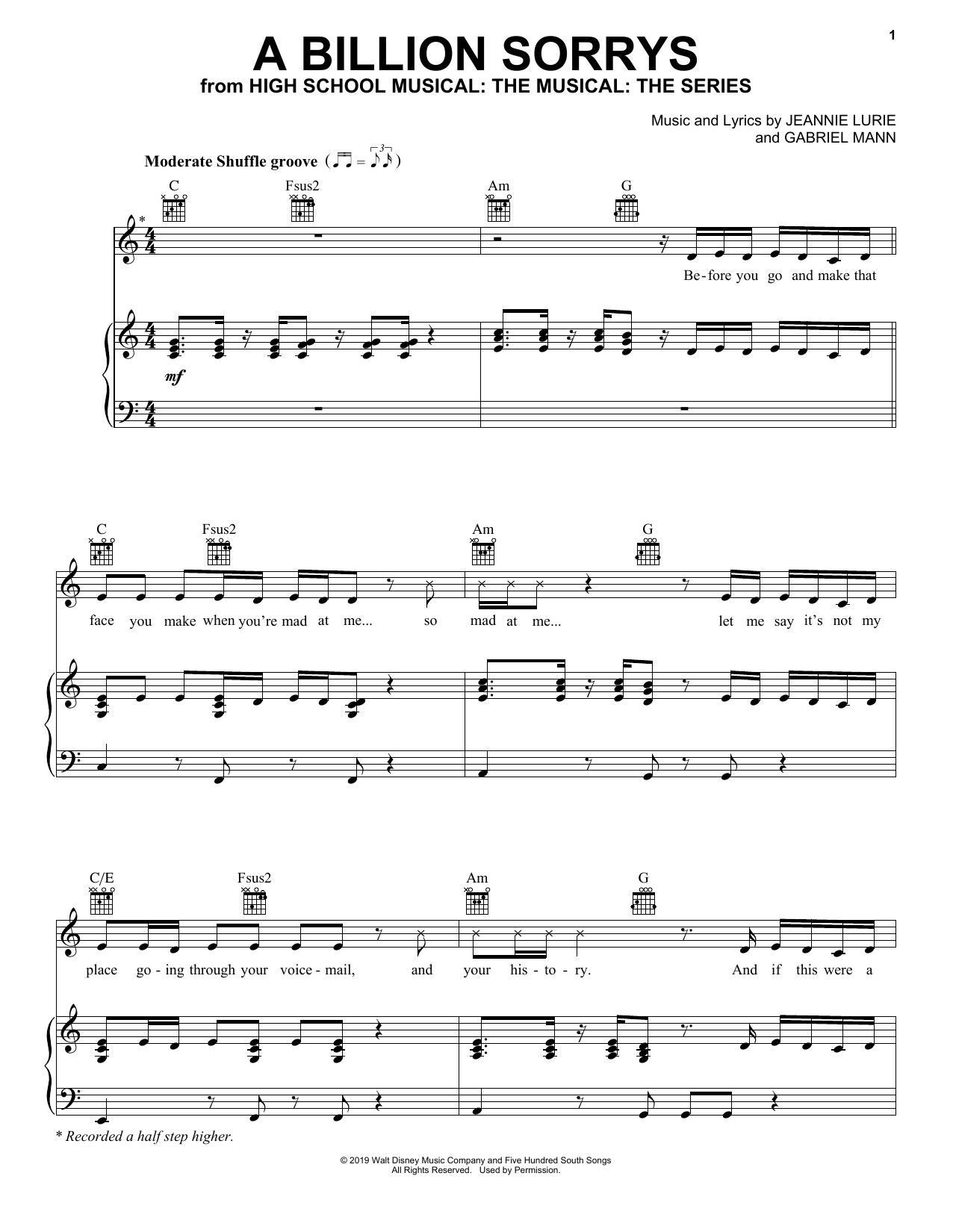 Matt Cornett A Billion Sorrys (from High School Musical: The Musical: The Series) Sheet Music Notes & Chords for Piano, Vocal & Guitar (Right-Hand Melody) - Download or Print PDF