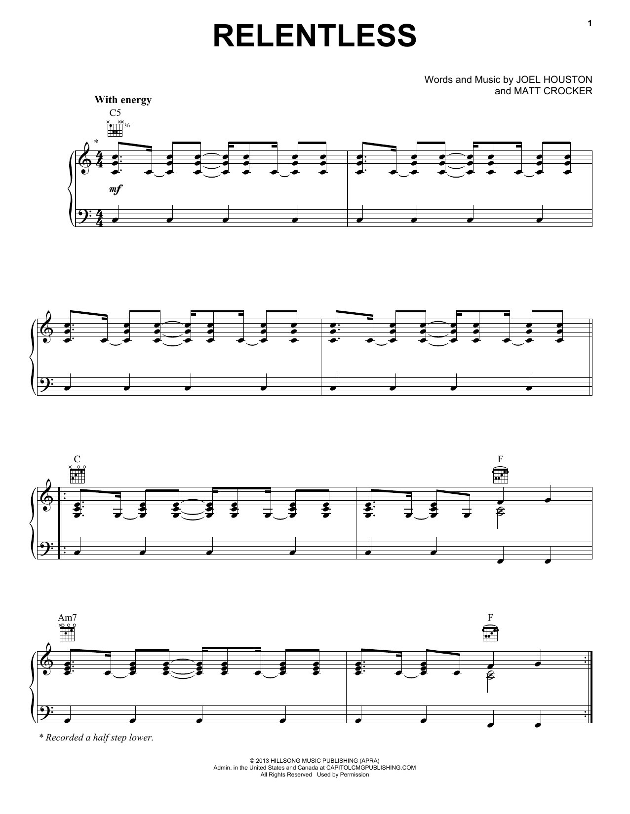 Matt Crocker Relentless Sheet Music Notes & Chords for Piano, Vocal & Guitar (Right-Hand Melody) - Download or Print PDF