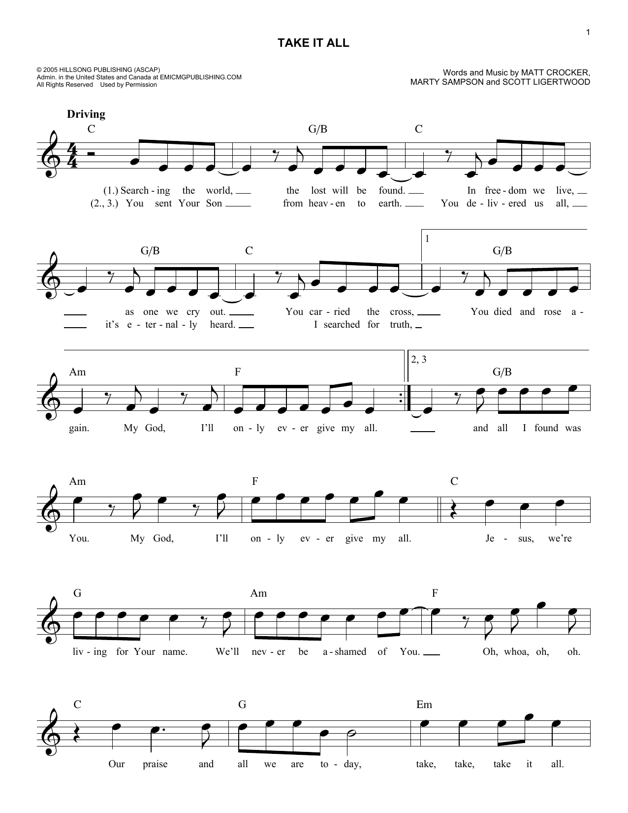 Matt Crocker Take It All Sheet Music Notes & Chords for Melody Line, Lyrics & Chords - Download or Print PDF