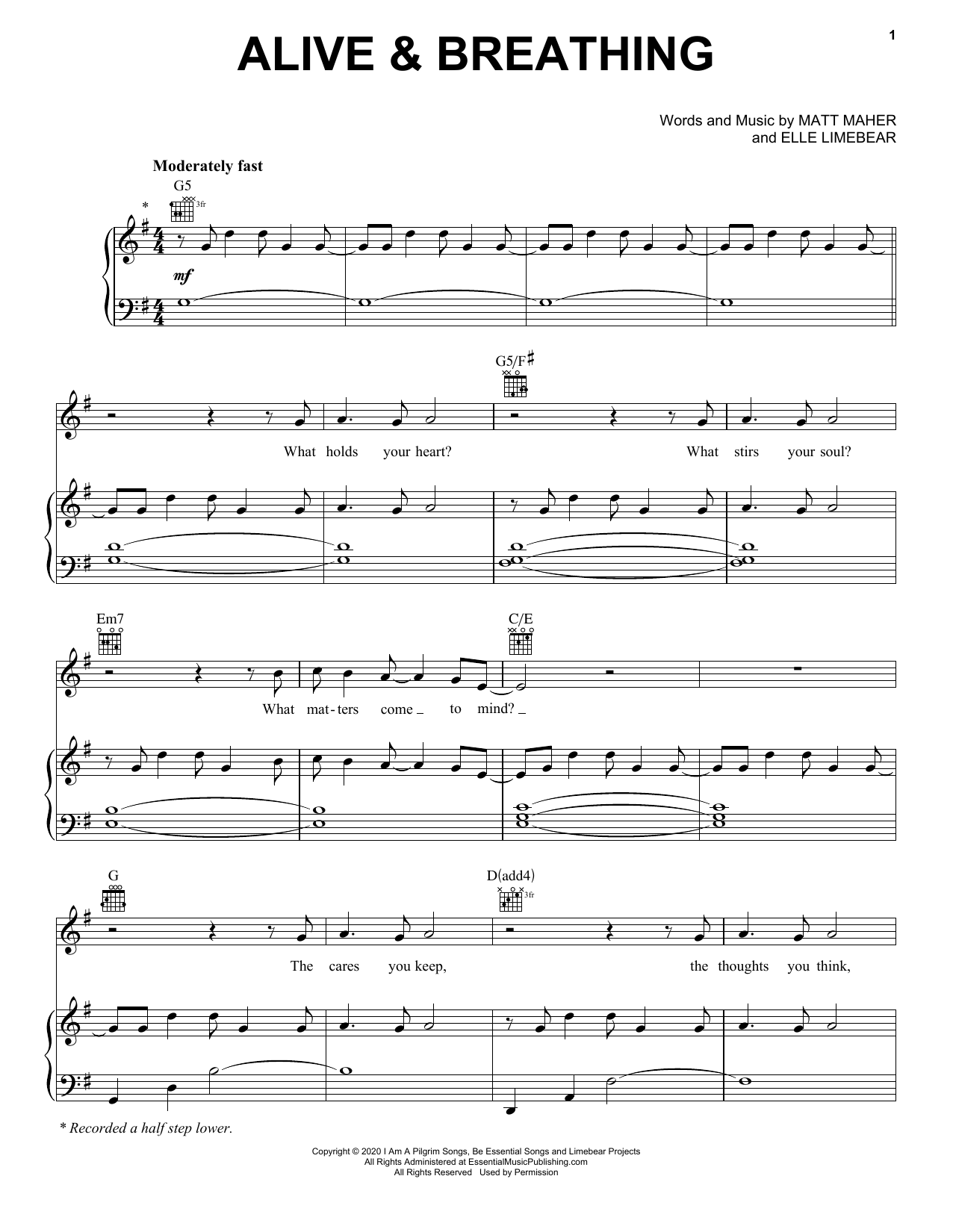 Matt Maher Alive & Breathing (feat. Elle Limebear) Sheet Music Notes & Chords for Piano, Vocal & Guitar (Right-Hand Melody) - Download or Print PDF