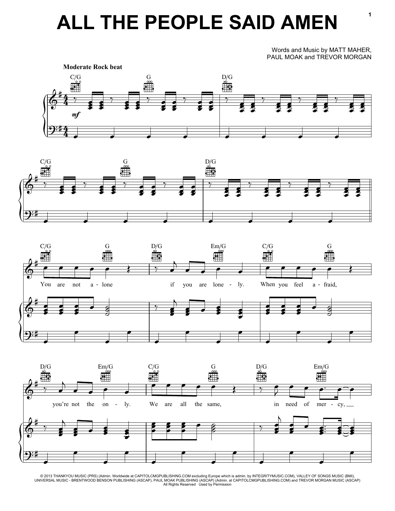 Matt Maher All The People Said Amen Sheet Music Notes & Chords for Piano, Vocal & Guitar (Right-Hand Melody) - Download or Print PDF