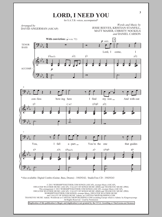 David Angerman Lord, I Need You Sheet Music Notes & Chords for SATB - Download or Print PDF