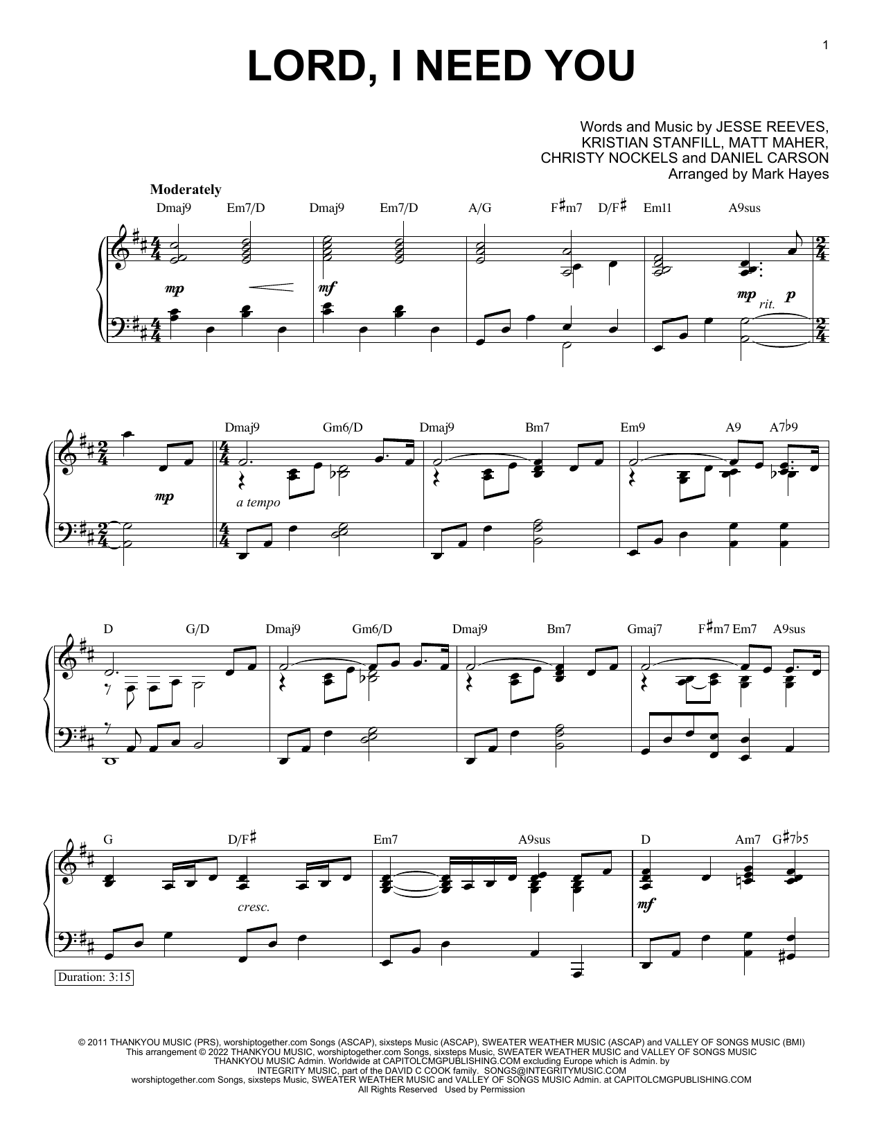 Matt Maher Lord, I Need You (arr. Mark Hayes) Sheet Music Notes & Chords for Piano Solo - Download or Print PDF