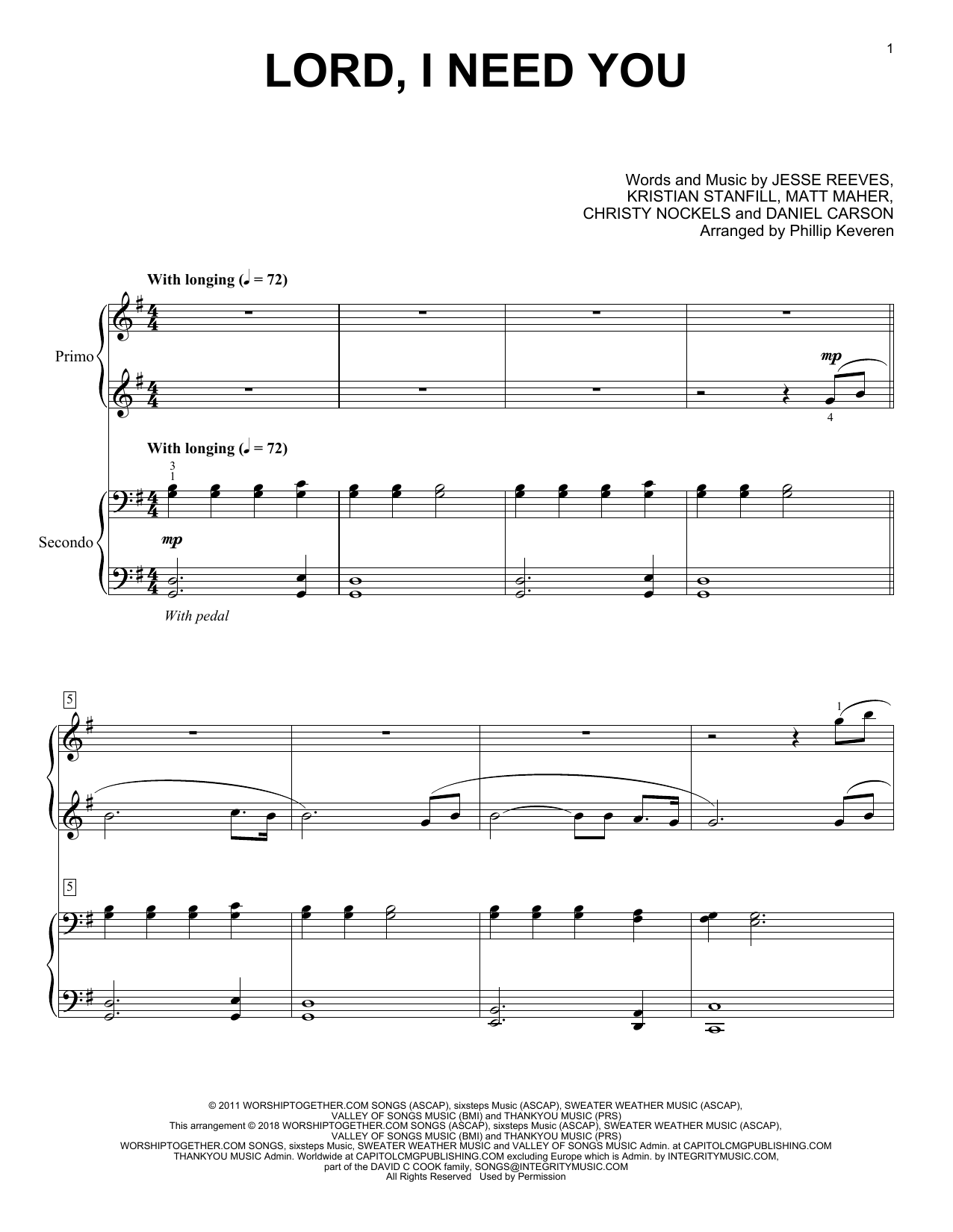 Phillip Keveren Lord, I Need You Sheet Music Notes & Chords for Piano Duet - Download or Print PDF