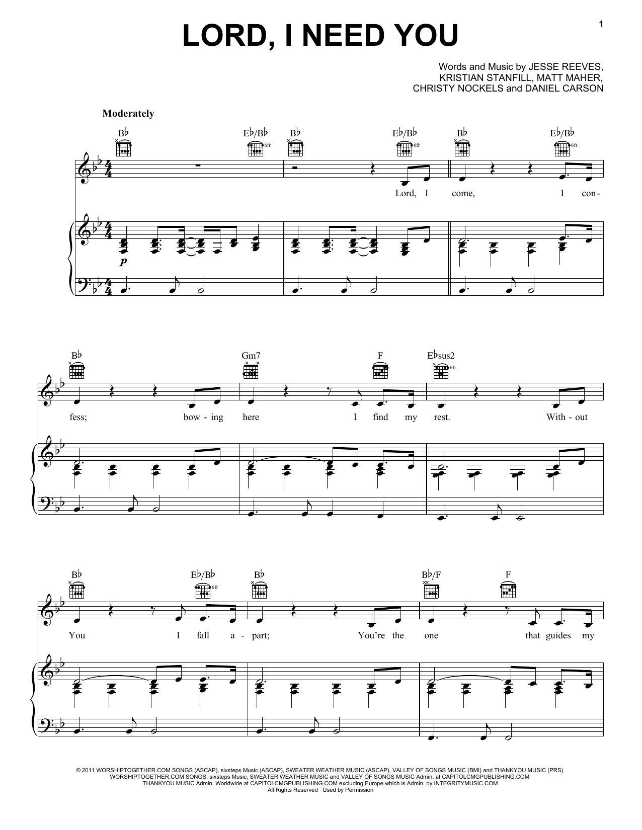 Chris Tomlin Lord, I Need You Sheet Music Notes & Chords for Super Easy Piano - Download or Print PDF