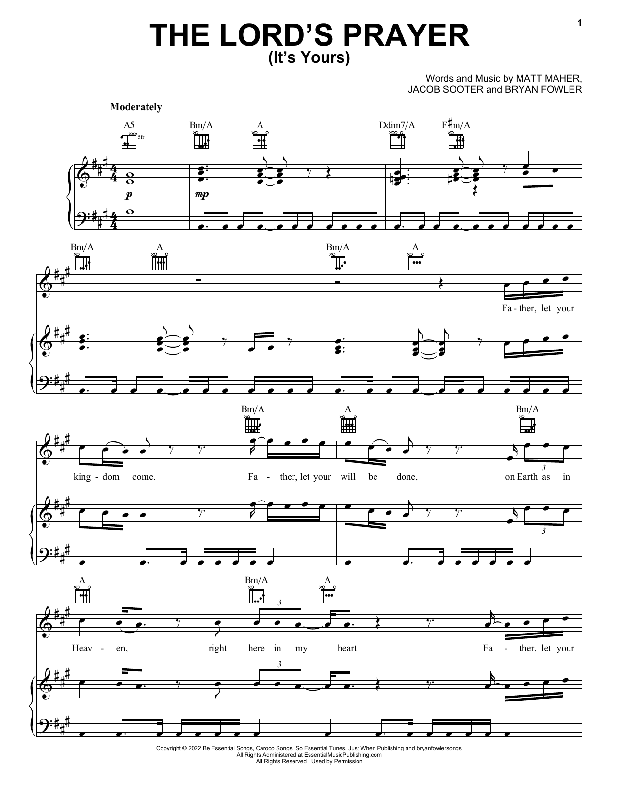 Matt Maher The Lord's Prayer (It's Yours) Sheet Music Notes & Chords for Piano, Vocal & Guitar Chords (Right-Hand Melody) - Download or Print PDF