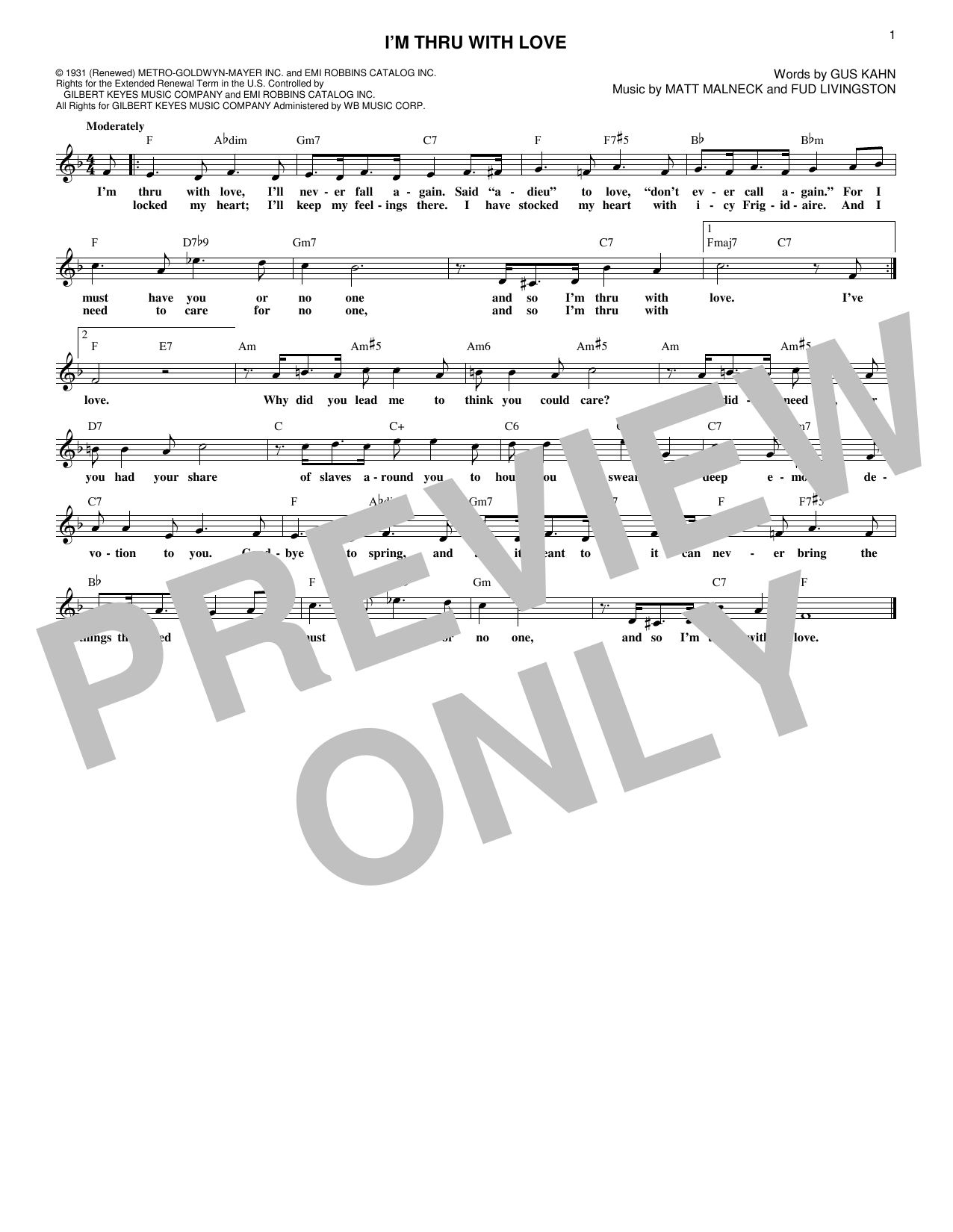 Matt Malneck I'm Thru With Love Sheet Music Notes & Chords for Melody Line, Lyrics & Chords - Download or Print PDF