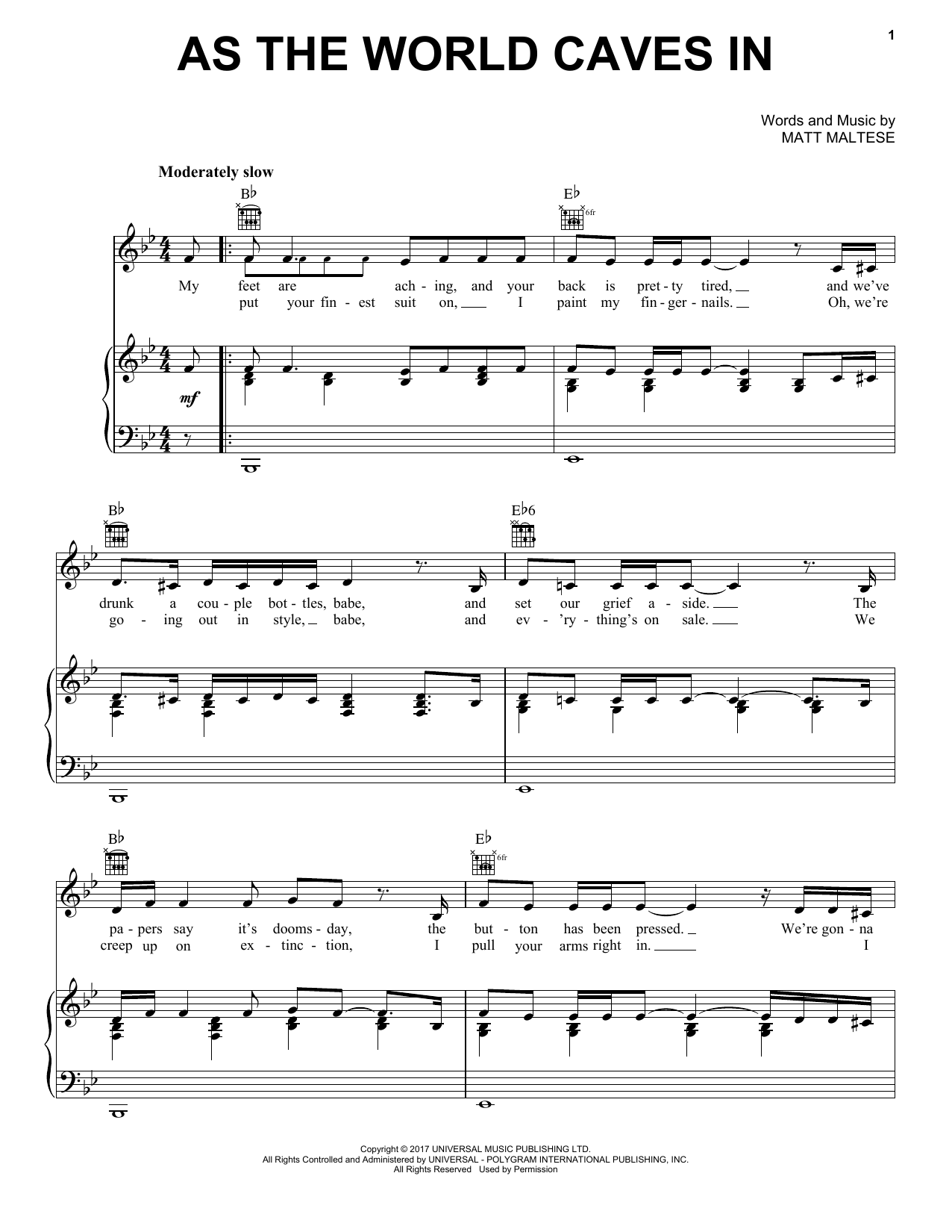 Matt Maltese As The World Caves In Sheet Music Notes & Chords for Piano, Vocal & Guitar (Right-Hand Melody) - Download or Print PDF