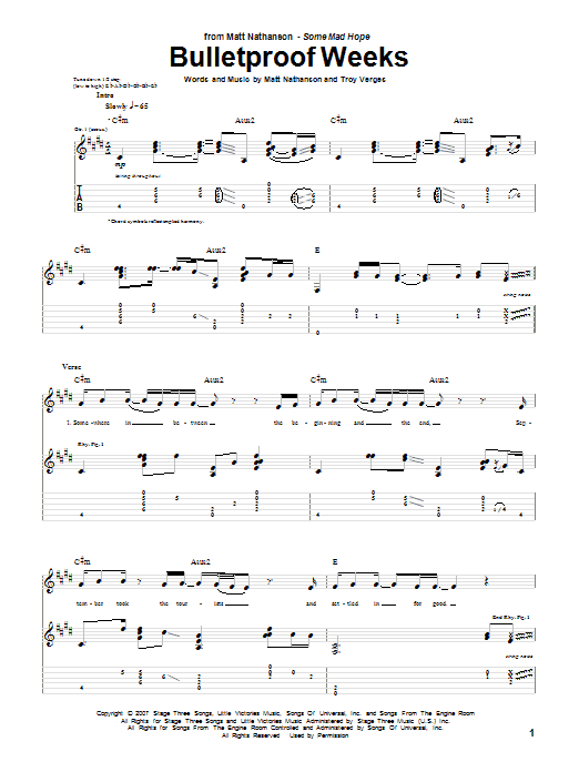 Matt Nathanson Bulletproof Weeks Sheet Music Notes & Chords for Guitar Tab - Download or Print PDF