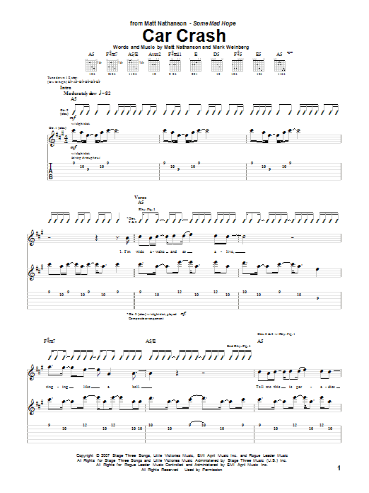 Matt Nathanson Car Crash Sheet Music Notes & Chords for Guitar Tab - Download or Print PDF