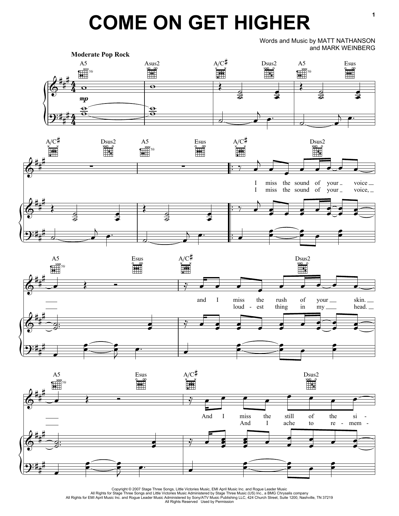 Matt Nathanson Come On Get Higher Sheet Music Notes & Chords for Guitar Lead Sheet - Download or Print PDF