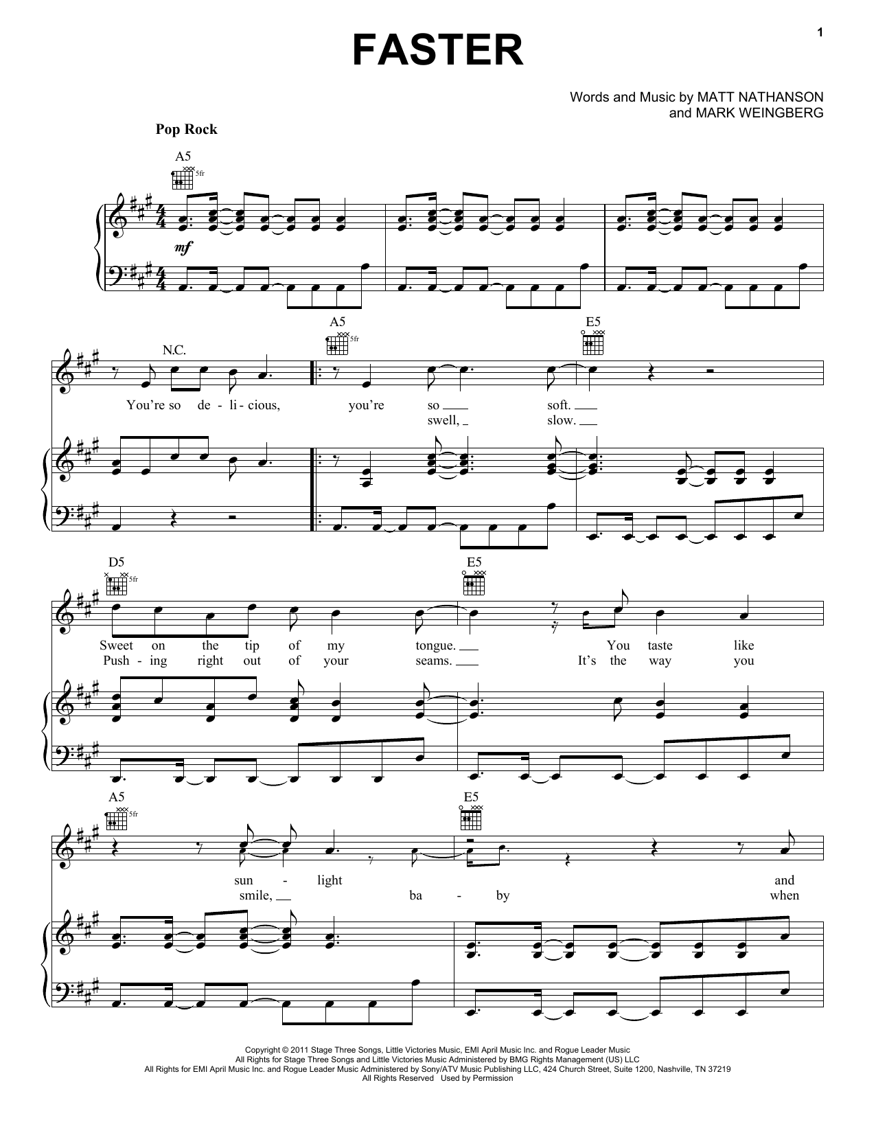 Matt Nathanson Faster Sheet Music Notes & Chords for Piano, Vocal & Guitar (Right-Hand Melody) - Download or Print PDF