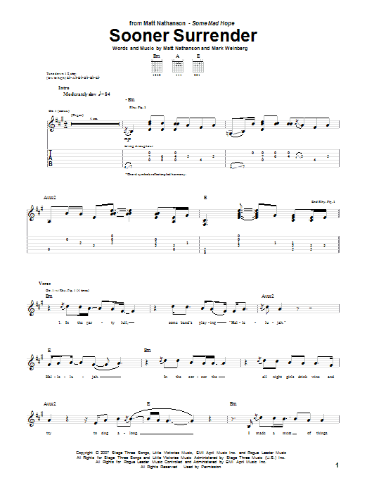 Matt Nathanson Sooner Surrender Sheet Music Notes & Chords for Guitar Tab - Download or Print PDF