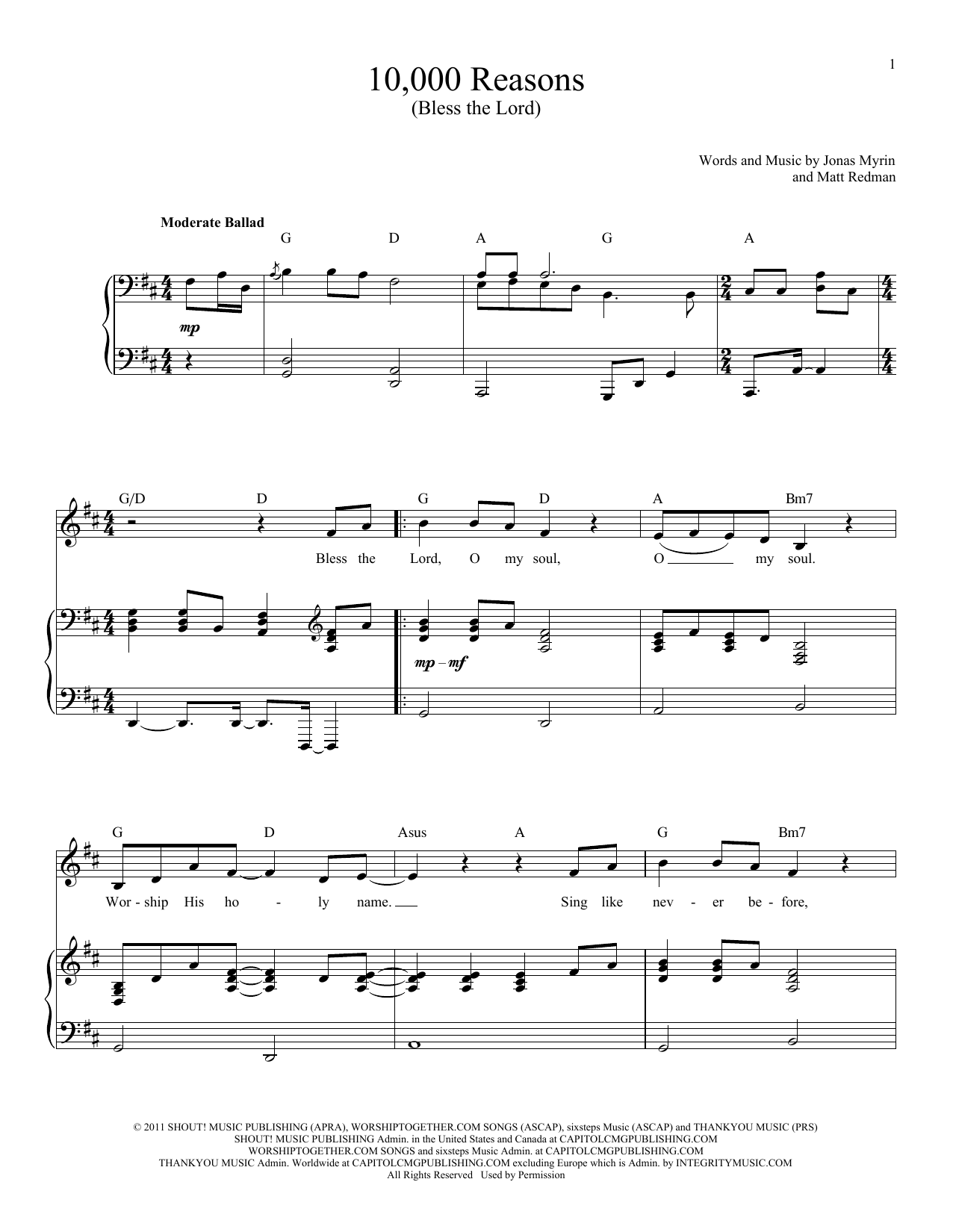 Matt Redman 10,000 Reasons (Bless The Lord) Sheet Music Notes & Chords for Piano & Vocal - Download or Print PDF