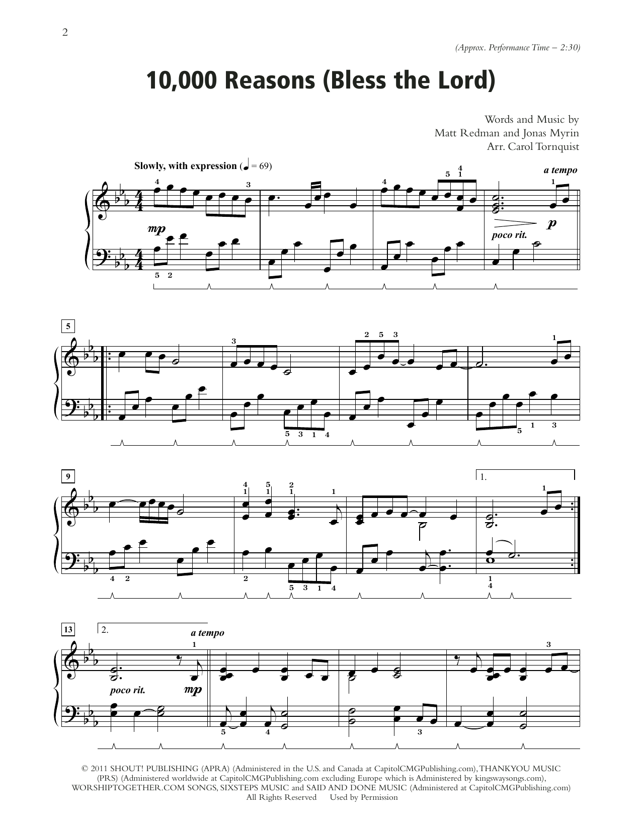Matt Redman 10,000 Reasons (Bless The Lord) Sheet Music Notes & Chords for Piano Solo - Download or Print PDF
