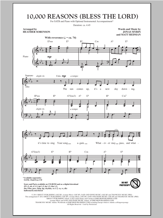 Matt Redman 10,000 Reasons (Bless The Lord) (arr. Heather Sorenson) Sheet Music Notes & Chords for SAB - Download or Print PDF
