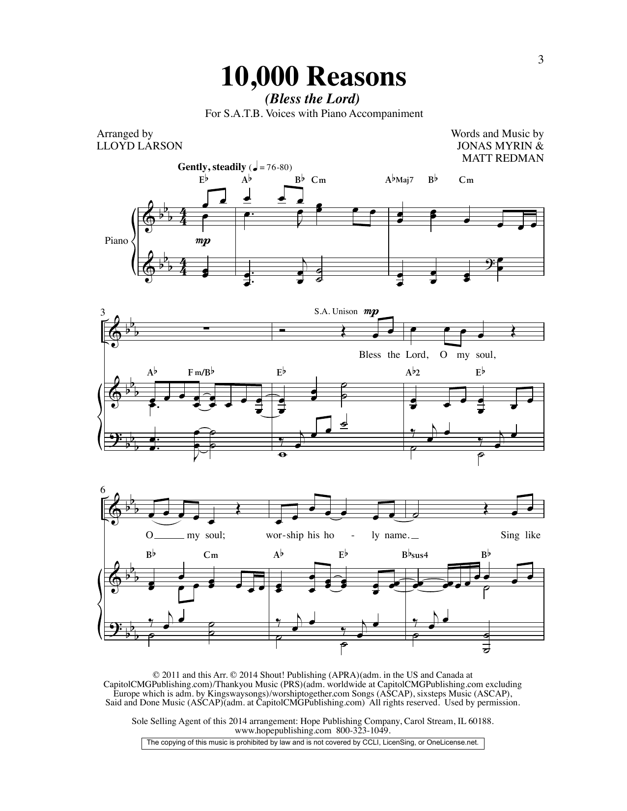 Matt Redman 10,000 Reasons (Bless the Lord) (arr. Lloyd Larson) Sheet Music Notes & Chords for Choir - Download or Print PDF