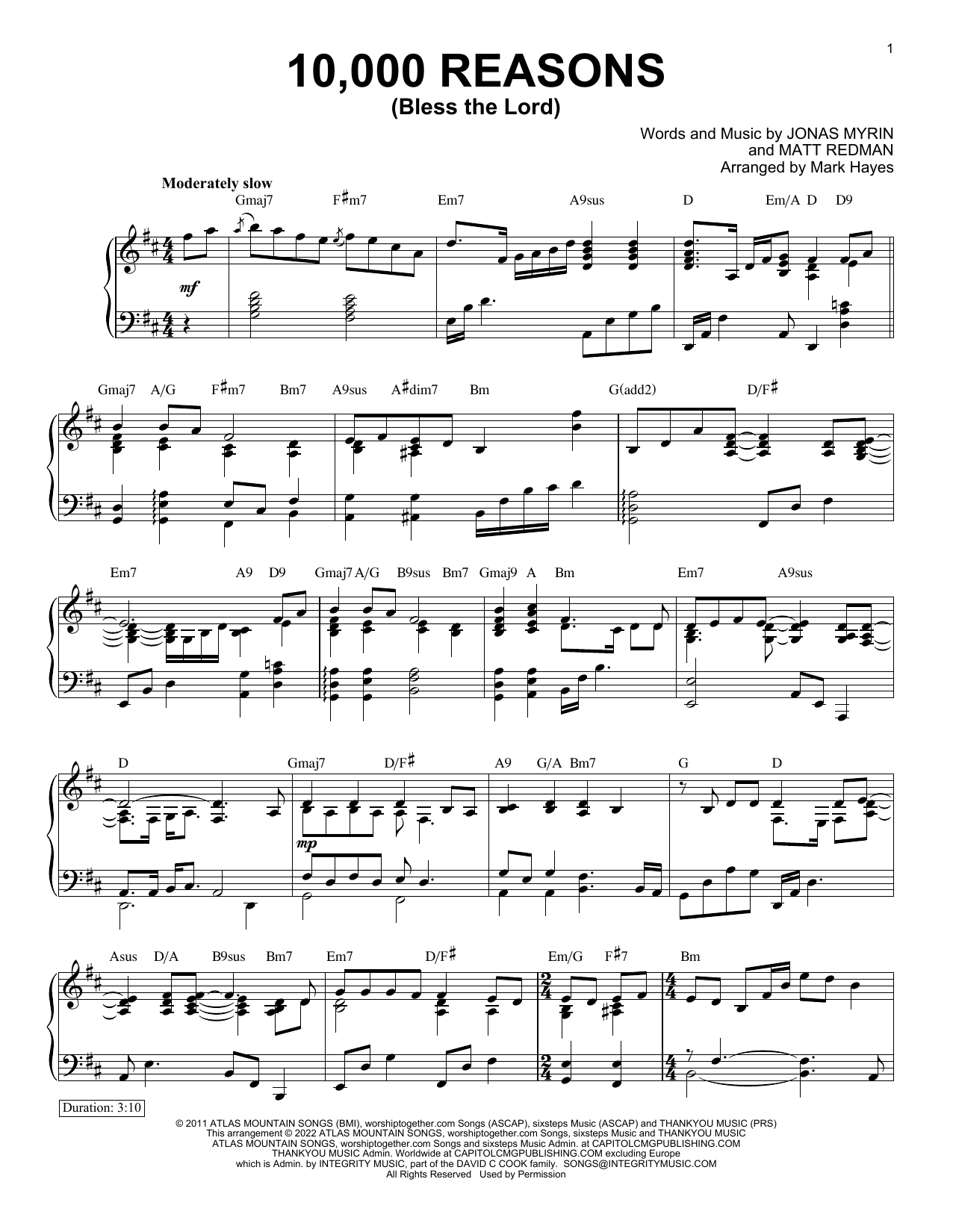 Matt Redman 10,000 Reasons (Bless The Lord) (arr. Mark Hayes) Sheet Music Notes & Chords for Piano Solo - Download or Print PDF