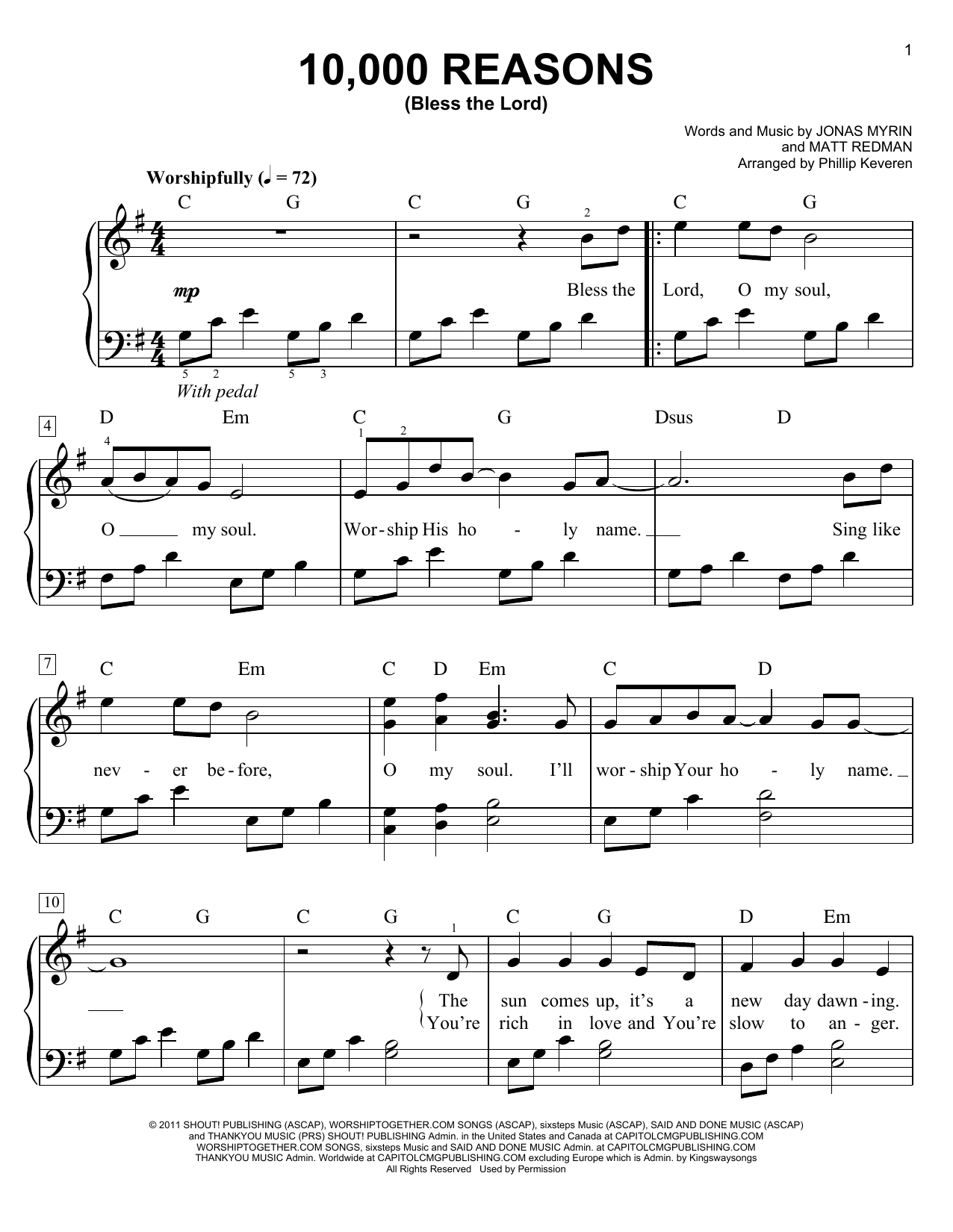 Matt Redman 10,000 Reasons (Bless The Lord) (arr. Phillip Keveren) Sheet Music Notes & Chords for Easy Piano - Download or Print PDF