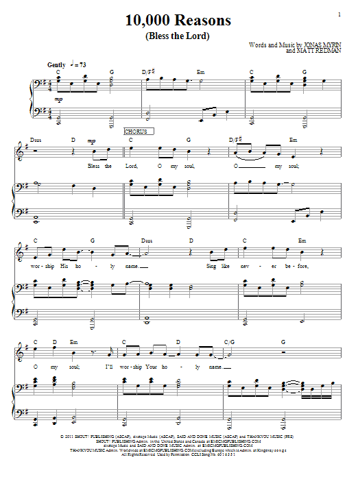 Matt Redman 10,000 Reasons (Bless The Lord) Sheet Music Notes & Chords for Lyrics & Chords - Download or Print PDF