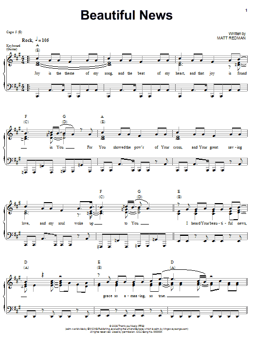 Matt Redman Beautiful News Sheet Music Notes & Chords for Piano, Vocal & Guitar (Right-Hand Melody) - Download or Print PDF Matt Redman Beautiful News Sheet Music Notes & Chords for Piano, Vocal & Guitar (Right-Hand Melody) - Download or Print PDF