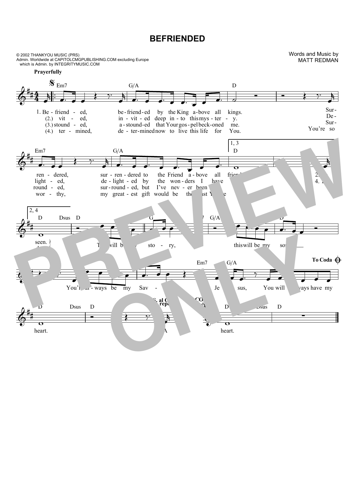 Matt Redman Befriended Sheet Music Notes & Chords for Melody Line, Lyrics & Chords - Download or Print PDF