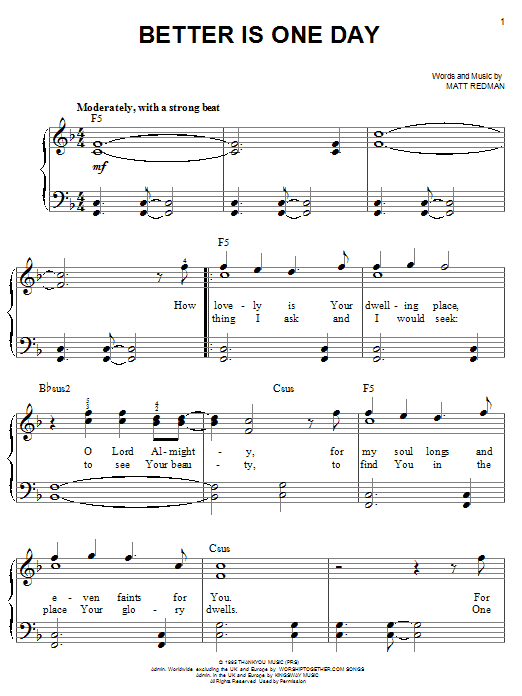 Matt Redman Better Is One Day Sheet Music Notes & Chords for Piano, Vocal & Guitar (Right-Hand Melody) - Download or Print PDF