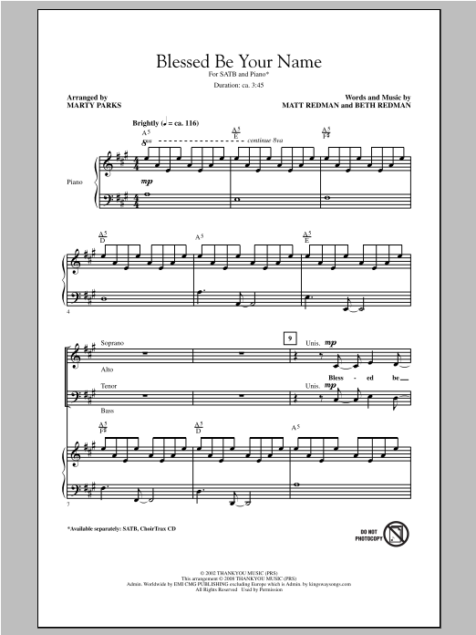 Matt Redman Blessed Be Your Name (arr. Marty Parks) Sheet Music Notes & Chords for SATB - Download or Print PDF