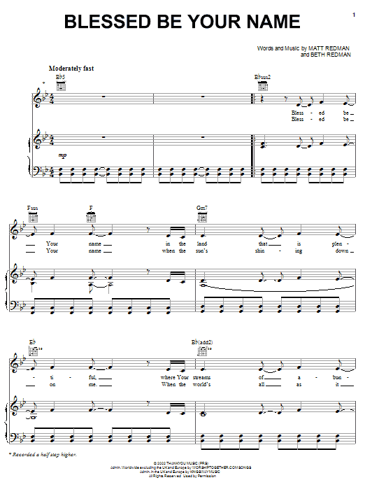 Matt Redman Blessed Be Your Name Sheet Music Notes & Chords for Big Note Piano - Download or Print PDF