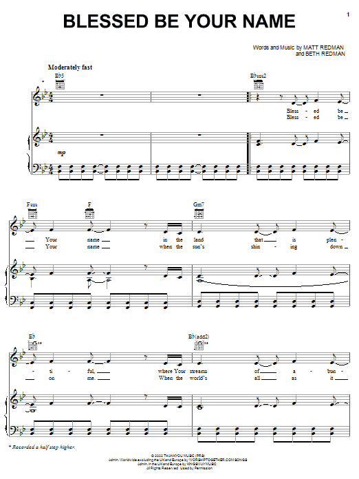 Matt Redman Blessed Be Your Name Sheet Music Notes & Chords for Guitar Chords/Lyrics - Download or Print PDF