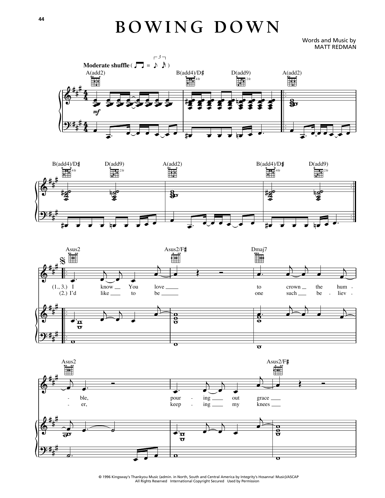 Matt Redman Bowing Down Sheet Music Notes & Chords for Piano, Vocal & Guitar Chords (Right-Hand Melody) - Download or Print PDF Matt Redman Bowing Down Sheet Music Notes & Chords for Piano, Vocal & Guitar Chords (Right-Hand Melody) - Download or Print PDF