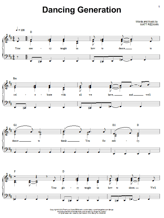 Matt Redman Dancing Generation Sheet Music Notes & Chords for Piano, Vocal & Guitar (Right-Hand Melody) - Download or Print PDF