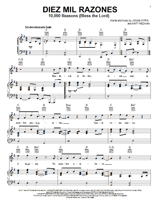 Matt Redman Diez Mil Razones (10,000 Reasons (Bless The Lord)) Sheet Music Notes & Chords for Piano, Vocal & Guitar (Right-Hand Melody) - Download or Print PDF