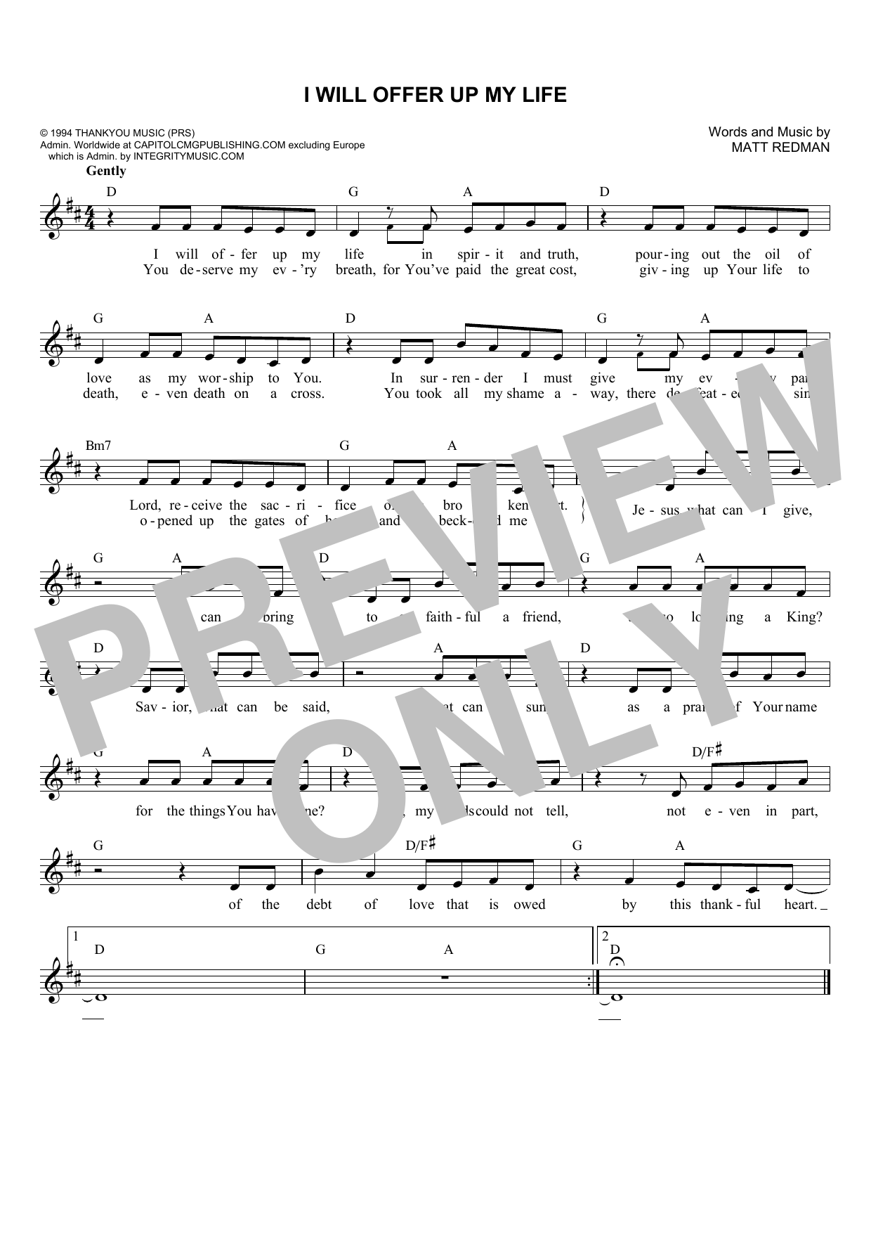 Matt Redman I Will Offer Up My Life Sheet Music Notes & Chords for Melody Line, Lyrics & Chords - Download or Print PDF