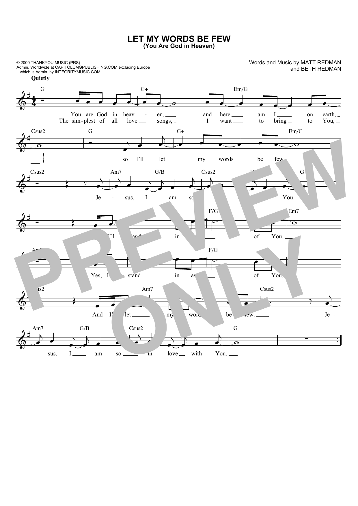 Matt Redman Let My Words Be Few (You Are God In Heaven) Sheet Music Notes & Chords for Melody Line, Lyrics & Chords - Download or Print PDF