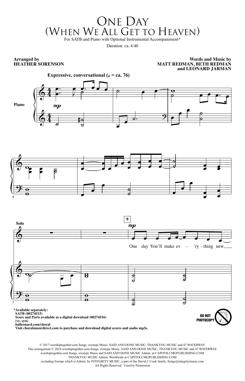 Matt Redman One Day (When We All Get To Heaven) (Arr. Heather Sorenson) Sheet Music Notes & Chords for Choral - Download or Print PDF