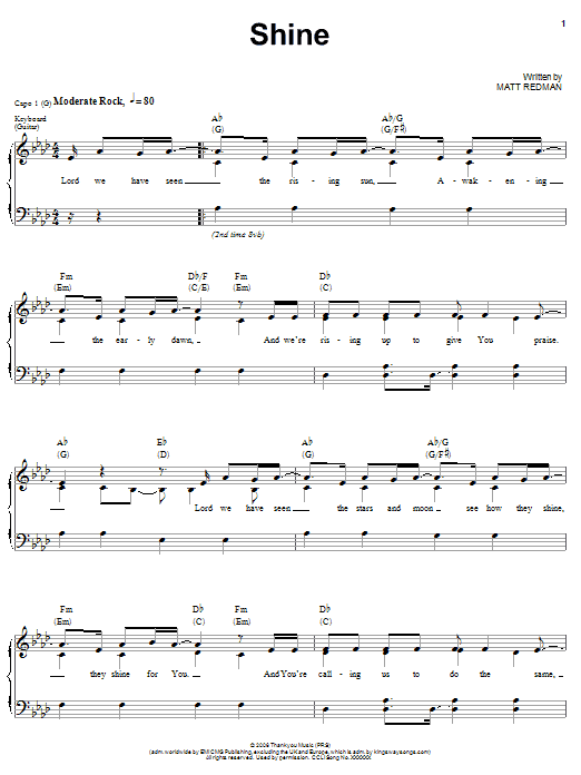 Matt Redman Shine Sheet Music Notes & Chords for Piano, Vocal & Guitar (Right-Hand Melody) - Download or Print PDF Matt Redman Shine Sheet Music Notes & Chords for Piano, Vocal & Guitar (Right-Hand Melody) - Download or Print PDF