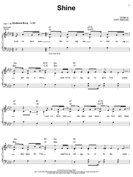 Matt Redman Shine Sheet Music Notes & Chords for Piano, Vocal & Guitar (Right-Hand Melody) - Download or Print PDF