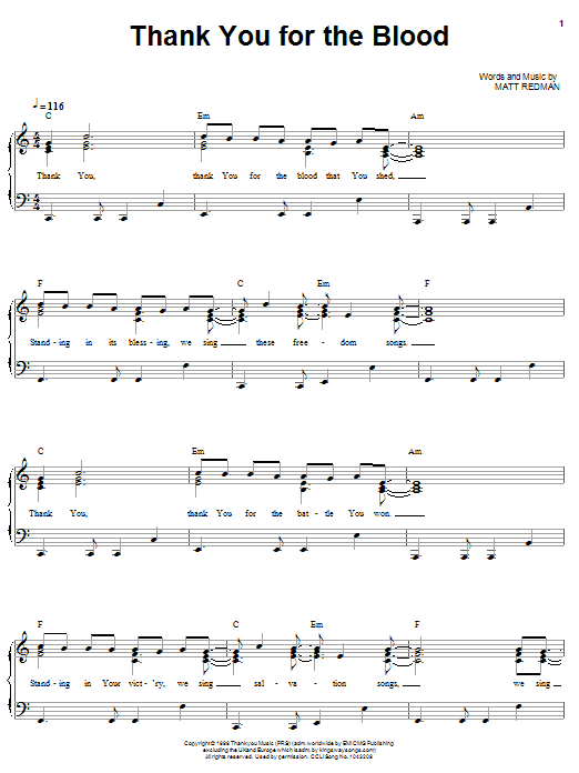 Matt Redman Thank You For The Blood Sheet Music Notes & Chords for Piano, Vocal & Guitar (Right-Hand Melody) - Download or Print PDF Matt Redman Thank You For The Blood Sheet Music Notes & Chords for Piano, Vocal & Guitar (Right-Hand Melody) - Download or Print PDF