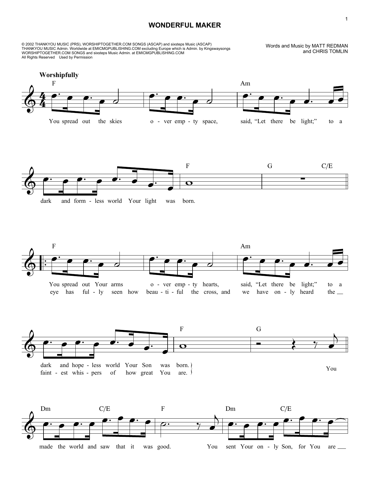 Matt Redman Wonderful Maker Sheet Music Notes & Chords for Melody Line, Lyrics & Chords - Download or Print PDF