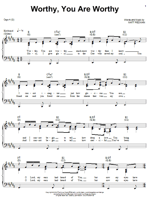 Matt Redman Worthy, You Are Worthy Sheet Music Notes & Chords for Piano, Vocal & Guitar (Right-Hand Melody) - Download or Print PDF