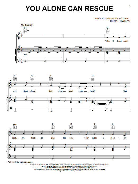 Jonas Myrin You Alone Can Rescue Sheet Music Notes & Chords for Piano, Vocal & Guitar (Right-Hand Melody) - Download or Print PDF