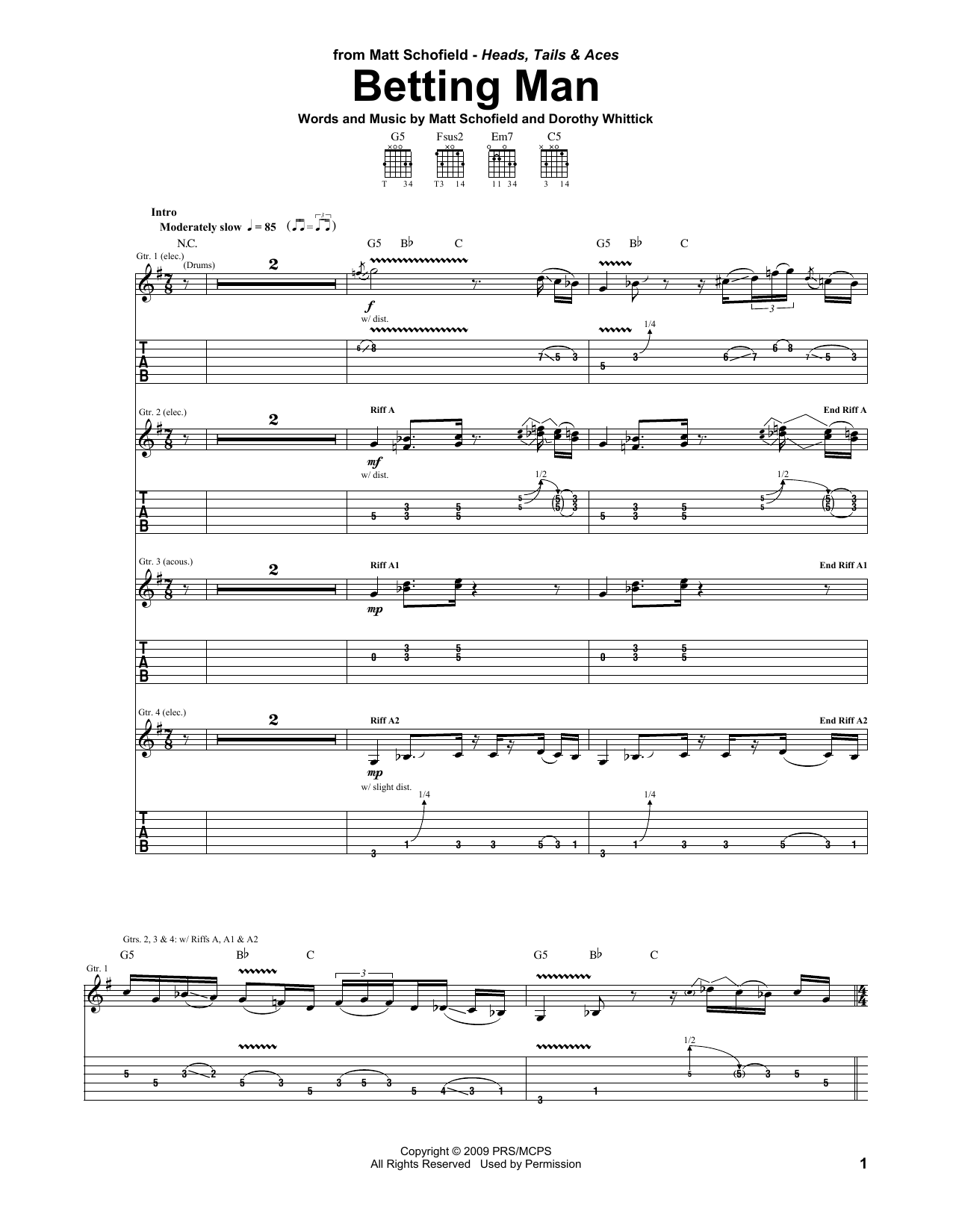 Matt Schofield Betting Man Sheet Music Notes & Chords for Guitar Tab - Download or Print PDF