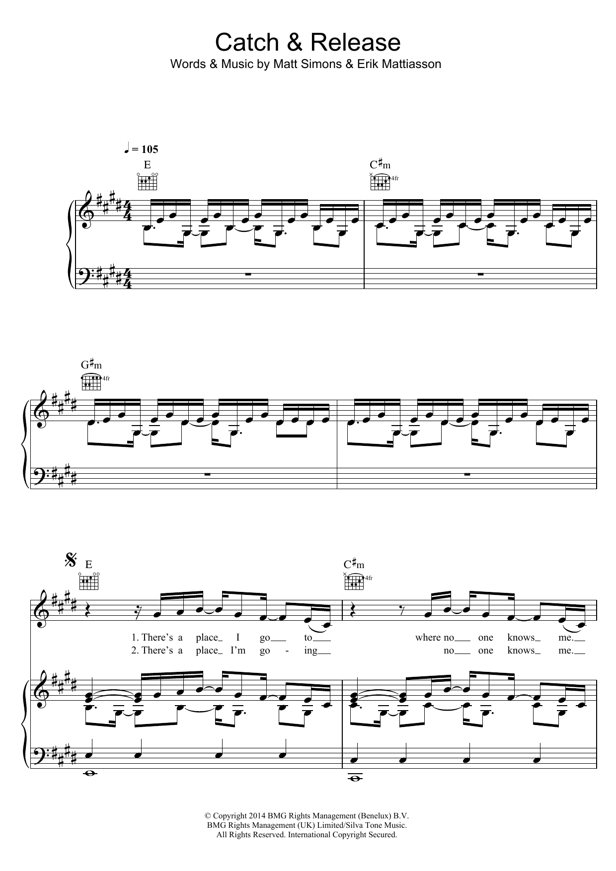 Matt Simons Catch and Release Sheet Music Notes & Chords for Piano, Vocal & Guitar (Right-Hand Melody) - Download or Print PDF