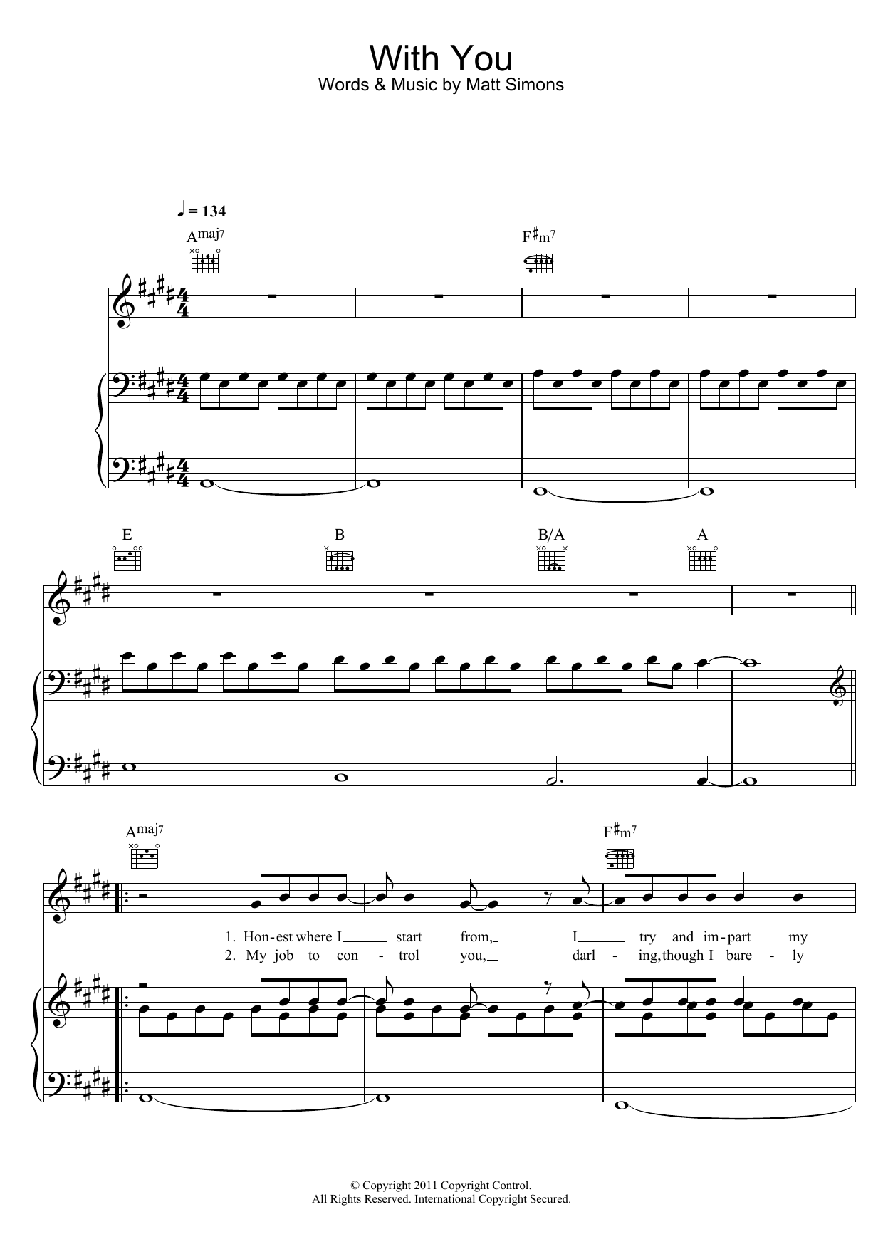 Matt Simons With You Sheet Music Notes & Chords for Piano, Vocal & Guitar (Right-Hand Melody) - Download or Print PDF
