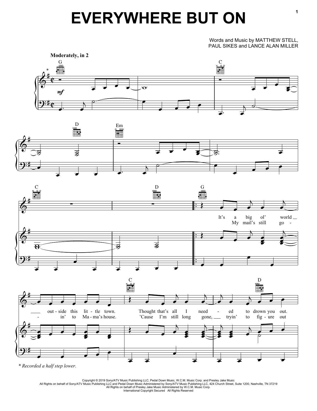 Matt Stell Everywhere But On Sheet Music Notes & Chords for Piano, Vocal & Guitar (Right-Hand Melody) - Download or Print PDF